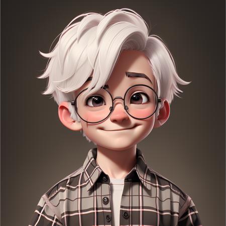 03770-2683377594-solo,  WHITE hair,  1boy, BLACK eyes, male focus, plaid shirt, plaid, shirt, simple background, smile, male child, round eyewear.png